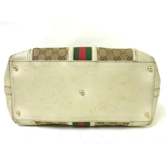 Gucci Vintage Jolicoeur Satchel Brown Large G Print Canvas w White Leather - Picture 8 of 10